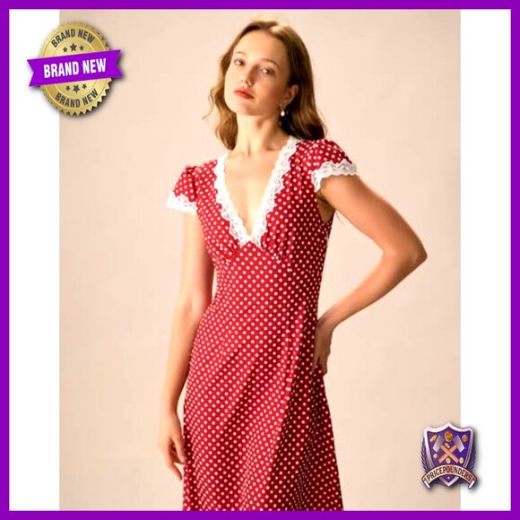 Polka Dot Lace Dress Elegant Summer Party Wear Deep V Neck Chic - Picture 5 of 7